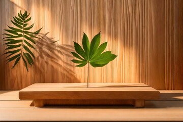 Wooden podium display with leaf shadow composition