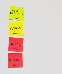 post it notes showing choice of engine types on a new car