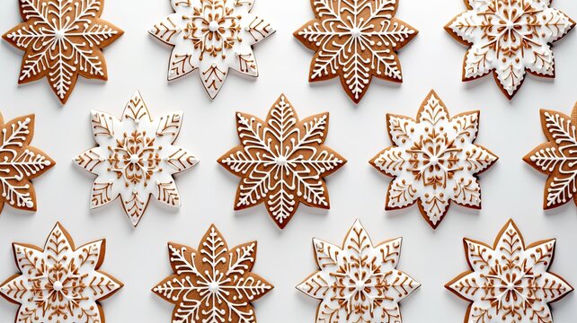 a set of gingerbread cookies in patterns on a plain white background. the details of the icing decorations and the uniformity of the layout.