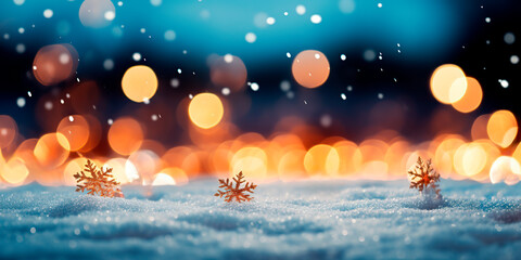 Fototapeta na wymiar Empty white snow with blur Christmas bokeh light background