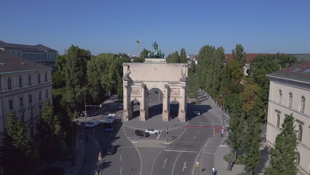 Best aerial top view flightdrone Victory Gate old street town Munich Germany 