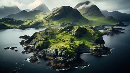  an island with green grass on it surrounded by mountains and water. generative ai © Anna
