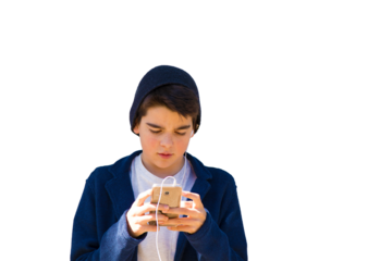 child with a mobile phone in the street about the blue wall