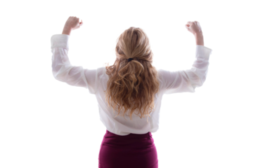 woman on his back with arms aloft, success