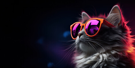 Fashion-forward cat sports orange glasses, basking in a neon glow that highlights its sleek fur and cool demeanor.