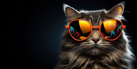 Cat in reflective sunglasses gives off a cool vibe, its sharp gaze mirroring the world in its eyes.
