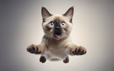 Energetic kitten caught mid-leap, its eyes wide with excitement and paws outstretched for playful adventure.