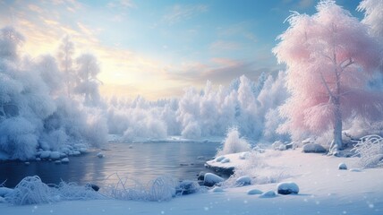 Obraz premium a snow-covered landscape. a pristine white landscape, frost-covered trees, and the soft, hushed atmosphere of a winter wonderland.