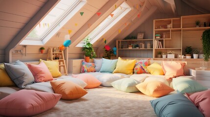 A cozy attic room with sloped ceilings painted in cheerful pastels, furnished with comfy bean bags...