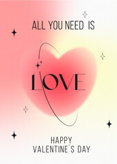 Happy Valentine's Day template of greeting card or poster in y2k style. Trendy minimalist aesthetic with gradient, typography, fluffy heart and abstract forms. Pink, white and yellow palette.