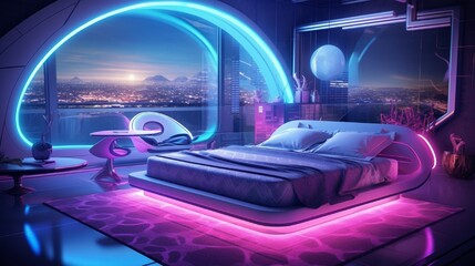 A futuristic bedroom with holographic wallpaper, LED-lit furniture, and a bed that changes colors with a touch, creating a high-tech and colorful sleeping space.