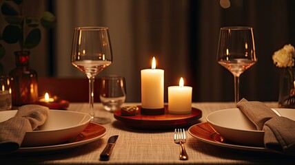 the romantic ambiance of a candlelit dinner for two. a beautifully set table with minimalist tableware and soft candlelight creating a warm, inviting atmosphere.