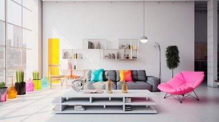 A minimalist living room with pops of neon-colored decor against a white backdrop.
