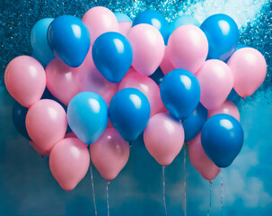 blue and pink balloons flying in the room , blue background, gender reveal at baby shower party, greeting card background.