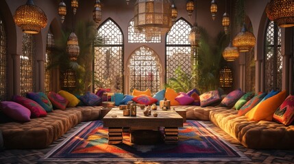 Fototapeta na wymiar A Moroccan-inspired lounge with intricately patterned tiles, colorful poufs, and ornate lanterns, creating a cozy and exotic atmosphere.
