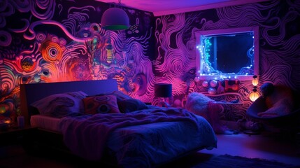 A psychedelic-themed bedroom with swirling patterns and blacklight posters.