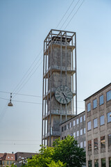 City hall of Aarhus with clock tower, vertical shot during great weather