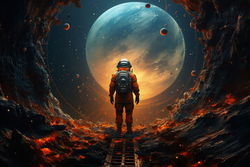 An astronaut standing on the edge of a gravitational anomaly, where space appears to curve and stretch, creating a visually striking depiction of space-time warping Generative AI - obrazy, fototapety, plakaty