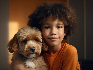 A little black boy and a brown dog