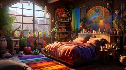 Fototapeta na wymiar An eclectic bedroom filled with rainbow-colored textiles and wall art.