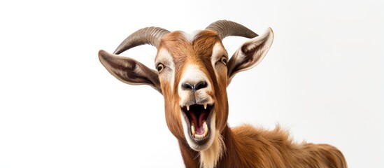 Close up white background goat portrait tongue out