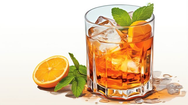  a glass of ice tea with a slice of orange and mint.  generative ai