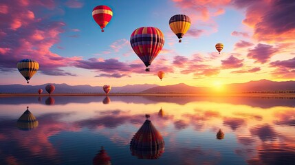 Fototapeta premium a group of hot air balloons flying over a lake at sunset. generative ai