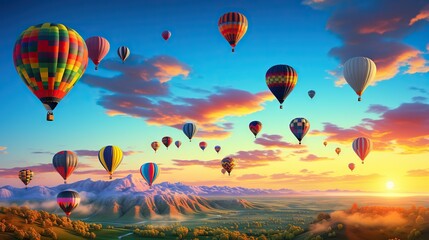 Obraz premium a group of hot air balloons flying over a mountain range. generative ai