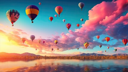 Naklejka premium a group of hot air balloons flying over a lake at sunset. generative ai
