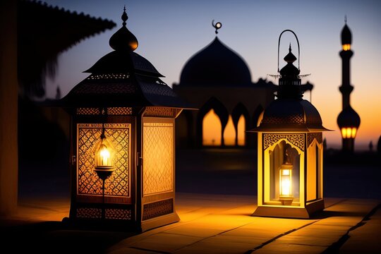 Ornamental arabic lantern with burning candle glow