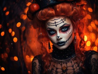 portrait of a woman dressed up in halloween costume with makeup