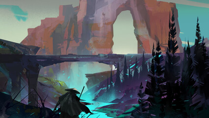 a painted fantasy landscape with a traveler