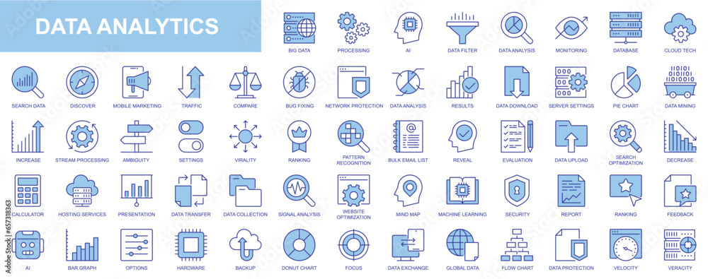 Fototapete data analytics web icons set in blue line design. pack of database, big data process, ai, monitoring