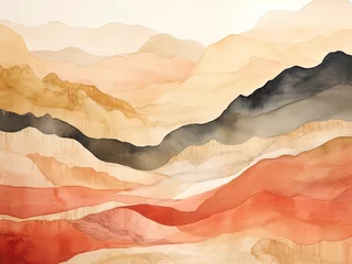 Küchenrückwand glas motiv Beige Watercolor abstract landscape painting of mountains with a variety of colors, including red, orange, yellow, black and brown.