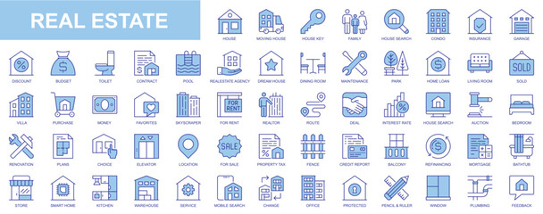 Real estate web icons set in blue line design. Pack of house, moving home, key, insurance, garage, budget, contract, realtor agency, mortgage, loan, property, other. Vector outline stroke pictograms