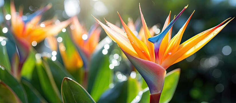 Fototapeta Blooming strelitzia flowers in a flower garden for decorative purposes Artful flower pictures and fresh strelitzia blooms With copyspace for text