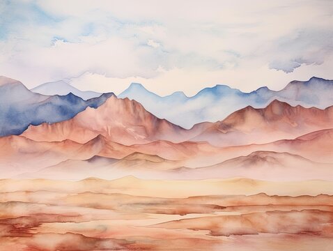 Watercolor painting of mountain range and desert with colorful clouds.