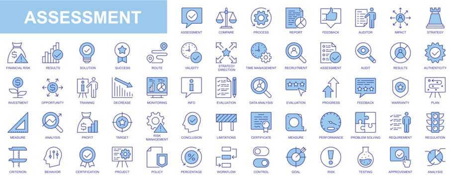 Assessment web icons set in blue line design. Pack of process, report, feedback, auditor, solution, strategy, time management, decrease, result, data analysis, other. Vector outline stroke pictograms