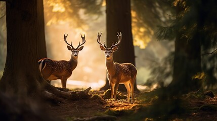 Fototapeta premium two deer standing next to each other in a forest filled with trees. generative ai