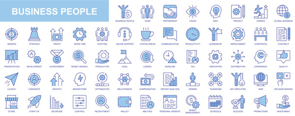 Business people web icons set in blue line design. Pack of team, partnership, vision, idea, project, career, mission, report, profit, work time, online support, other. Vector outline stroke pictograms
