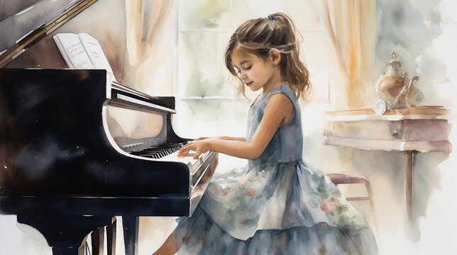 フォーマルな服装で楽しそうにピアノを演奏する子どもの水彩画
