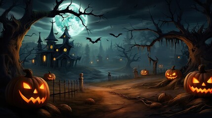 halloween background with pumpkins and haunted house - obrazy, fototapety, plakaty