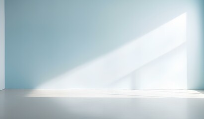 an empty wall in the white room with a light shining on it, in the style of light sky-blue and light gray. background for product presentation. generative AI