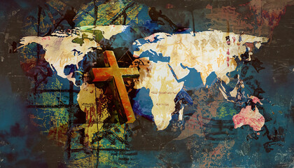 mixed media collage painting effect of world map with a large cross 