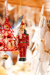 annual Christmas market in Wroclaw, hanging decorations on the market stall (selective focus)