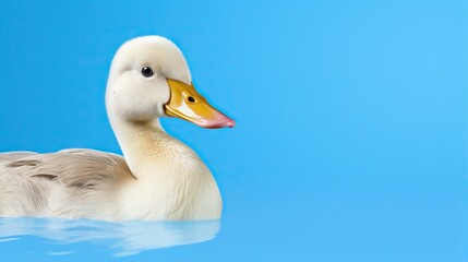  a white duck with a yellow beak floating in water on a blue background.  generative ai