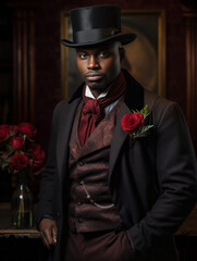 Handsome Gentleman in Old-Fashioned Suit, Red Rose Boutonniere and Black Hat, High Class Wealthy African American Man