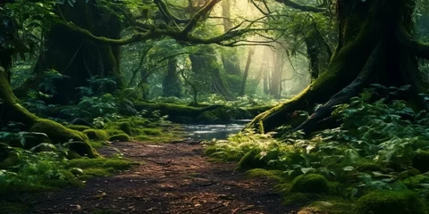 Zelfklevend Fotobehang enchanted path through magical forest cinematic 4k © Young