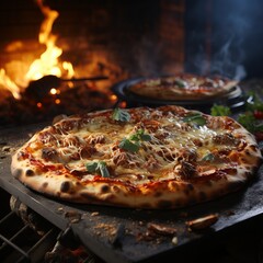 Pizza in a wood-burning oven. Cooking over an open fire. Traditional cooking with thin dough.