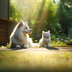 Funny dog and cat are sitting in the garden.
